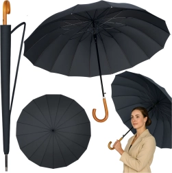 Großer automatischer Regenschirm mit Holzgriff, 24 Streben, 115 cm, schwarz