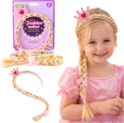 Kinder-Haarreif mit langem Zopf und glitzernder Krone, rosa Details, 50 cm