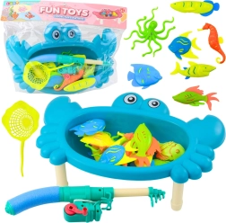 Angel-Set für Kinder mit Krabbentisch, 10 Tierchen, Angelrute und Sieb – blau