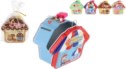 Spardose aus Blech in Hausform mit Schloss, 10 × 10 cm, mehrere Farben