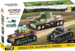Historisches Plastikbauset von Panzern Renault R35, Valentine IX, Panzer I