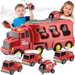 WOOPIE Feuerwehr-Set – Transport-LKW und 4 Fahrzeuge mit Licht und Sound