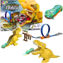 Autorennbahn mit Katapult und Dinosaurier-Motiv