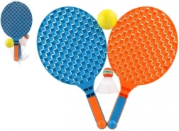 Set aus Plastikschlägern für Soft-Tennis mit Ball und Korb