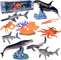 Realistische Sammlung von Meerestieren - Rochen, Krabbe, Orca, Tintenfisch