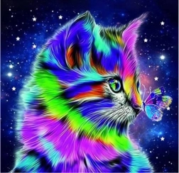 Diamant-Mosaik - Katze mit Schmetterling in der Nacht