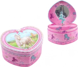 Rosa herzförmige Spieluhr-Schmuckschatulle mit Einhorn und Ballerina