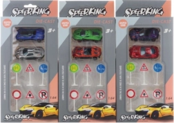 Set aus Metall-Spielzeugautos mit Verkehrsschildern