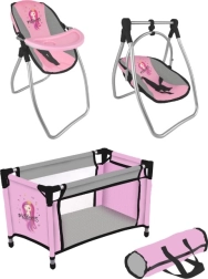 Puppenset Princess Pink/Grey – Reisebett und 2-in-1 Hochstuhl mit Schaukel
