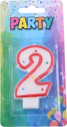 Partykerze Zahl 2 für Torten – weiß mit rotem Rand und Punkten