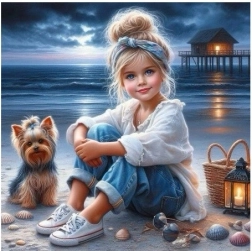 Diamantmosaik Mädchen mit Hund am Strand