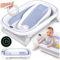 Zusammenklappbare Kinderbadewanne Nukido mit Thermometer und Neugeborenen-Einsatz – Weiß-Blau