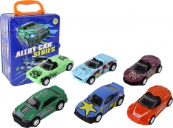 Set aus Metall-Spielzeugautos mit Rückziehmotor im Blechkoffer 1:64, 6 Stück