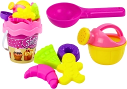 Rosa Sandspielset mit Süßigkeitenmotiv – Eimer, Gießkanne und Förmchen, 8 Teile