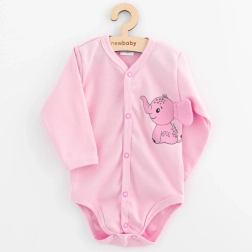 Baby-Body mit durchgehendem Druckknopfverschluss, langer Ärmel, New Baby Happy Elephant, rosa, Größe 68 (4–6 Monate)