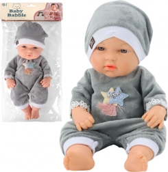 Baby-Puppe im grauen Pyjama mit Mützchen 30 cm