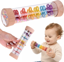 Regenbogenregen – sensorisches Rasselspielzeug (Holzröhre mit Kugeln, rauschendes Geräusch)