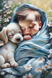 Diamantmosaik – Kind und Welpe