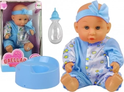 Baby-Puppe blau mit Töpfchen und Fläschchen 24 cm