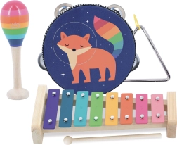 Set aus Kinder-Musikinstrumenten mit Tier- und Regenbogenmotiven