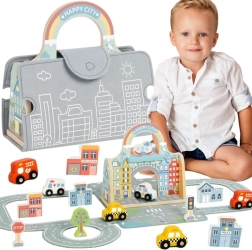 Tooky Toy tragbare Mini-Stadt – Holzset mit Straßen und Autos