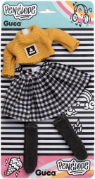 Kleidung für Puppe Penelope 34 cm – gestrickter Pullover, karierter Rock und Socken