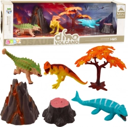 Set realistischer Dinosaurierfiguren mit Vulkan und Baum