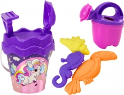 Kindersandspielset mit Einhorn – Eimer, Schaufel, Rechen, Gießkanne und Förmchen (violett)