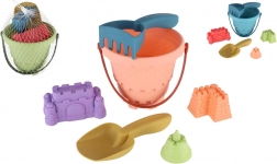 Plastik-Sandspielset mit Eimer, Schaufel, Harke und 3 Förmchen im Netz