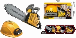 Spielzeug-Motorsäge mit Helm und Taschenlampe für kleine Holzfäller