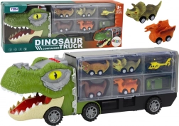 Dinosaurier-Lastwagen mit Transporter und 6 Fahrzeugen mit Licht und Sound – grün