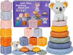 Sensorische weiche Silikonwürfel und Stapelturm mit Zahlen und Formen mit Koala