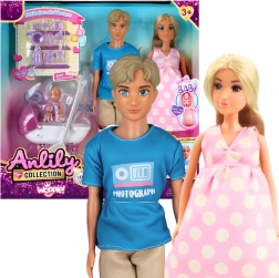 Woopie Familien-Set Puppen Lily – schwangere Mama, Papa, Baby und Kinderwagen mit Zubehör