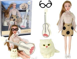 Puppe Emily mit Gitarre, Brille und Kätzchen