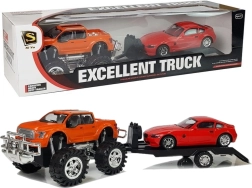 Fahrzeugset: Oranger Monstertruck mit Abschleppanhänger und rotem Sportwagen 58 cm