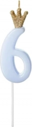 Blaue Kuchenschkerze mit Krone Nummer Sechs