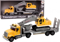 Gelber Lastwagen mit Kettenbagger mit Lichtern und Geräuschen