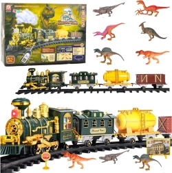 Klassische elektrische Eisenbahnstrecke mit Dinosauriern und RC-Fernsteuerung, mit Licht, Sound und Rauch – 39 Teile