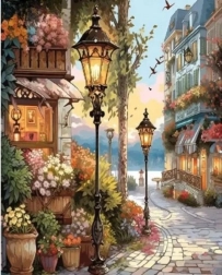 Diamantmosaik – Blumenstraße mit Lampen