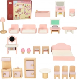 Holzmöbel für das Puppenhaus – Wohnzimmer, Schlafzimmer, Bad und Küche, rosa