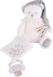 Geschenkset Plüsch-Teddy mit Schnullerhalter und Kuscheltuch, grau 20 cm