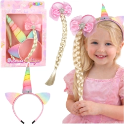 Set Haarreif und Haargummi mit Zopf Einhorn, pastellfarbene Schleife