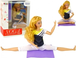Gelenkige Yoga-Puppe mit langen blonden Haaren und Matte
