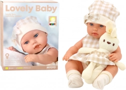 Puppenbaby im Tragegurt Häschen Kariertes Kleid beige