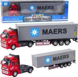 Container-Lkw mit Rückzieh-Antrieb, öffnenden Türen, rot-grau