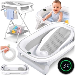 Nukido faltbare Babybadewanne mit Ständer, Thermometer und Neugeboreneneinsatz – Weiß-Grau
