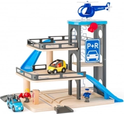 Mehrstöckiges Holzparkhaus mit Landeplatz für Hubschrauber