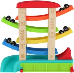 Kaskaden-Rennbahn für Spielzeugautos mit 4 Fahrzeugen, Holz und Kunststoff, 33 × 32 × 10 cm