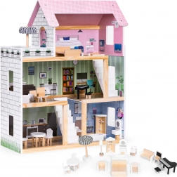 Holz-Puppenhaus 3 Etagen Terrasse mit Set aus 15 Möbelstücken ECOTOYS