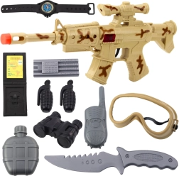 Militärset mit Gewehr und Zubehör, Schussgeräusch, sandfarbene Tarnung